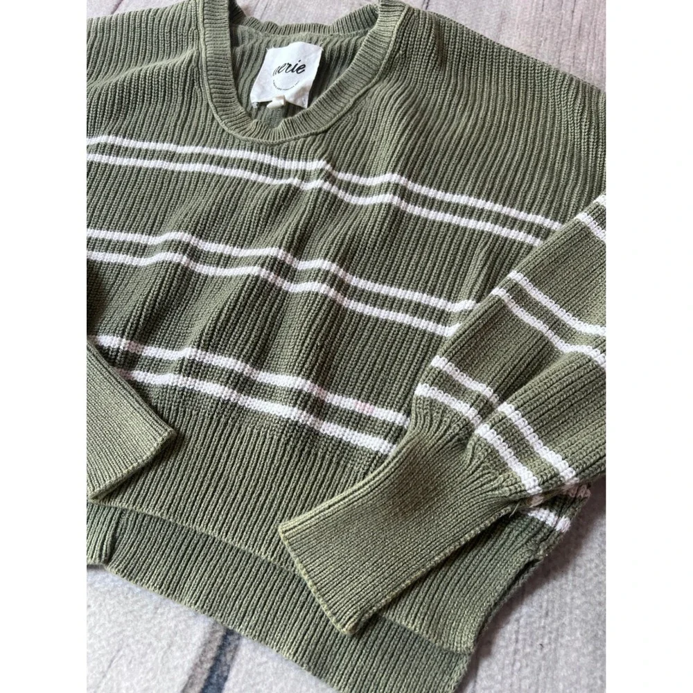 Aerie Womens Olive Green Striped Ribbed V-Neck Cotton Oversized Sweater‎ Small